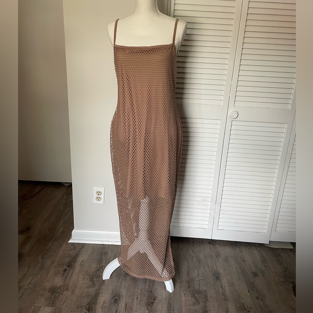 Fashionnova nude mesh maxi dress with slit